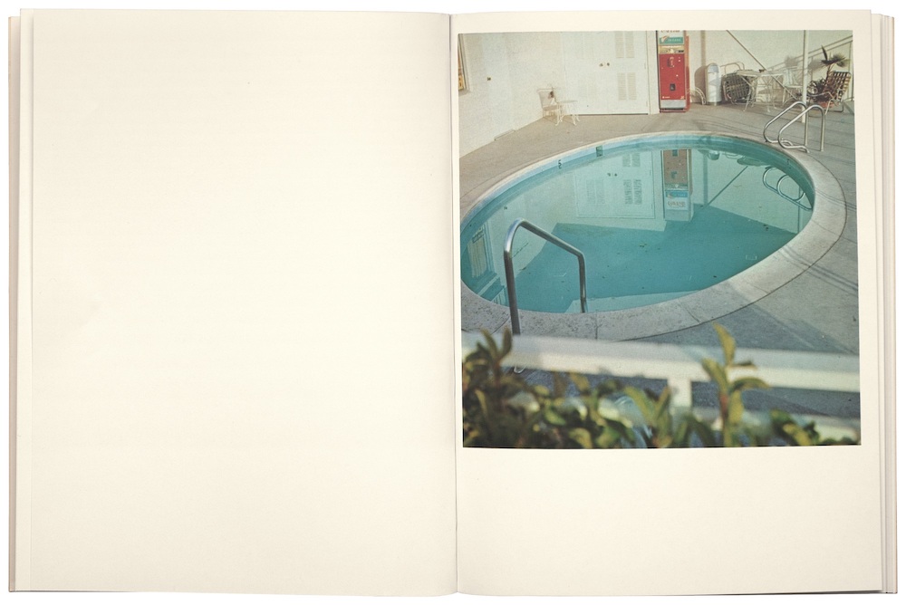 Spread from Nine Swimming Pools and a Broken Glass. 1968. Artist’s book, offset printed, 7 × 5 1/2 × 3/16″ (17.8 × 14 × 0.5 cm). © 2023 Edward Ruscha. Photo Susan Haller, Ed Ruscha Studio
