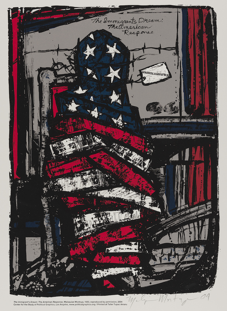The Immigrant’s Dream, the American Response, 1983, reproduced in 2004. Screenprint on paper, 23 x 17 1/2 in. Courtesy of the artist. Photo: Muzi Rowe.