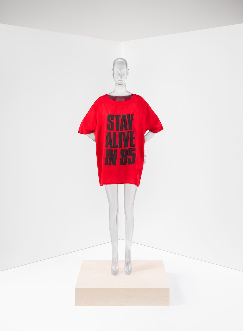 “Stay Alive in 85” T-shirt, Katharine Hamnett (British, born 1947), for Katharine Hamnett (British, founded 1979), 1985; Promised Gift of Sandy Schreier (L.2019.43.16). Photo by Anna-Marie Kellen © The Metropolitan Museum of Art