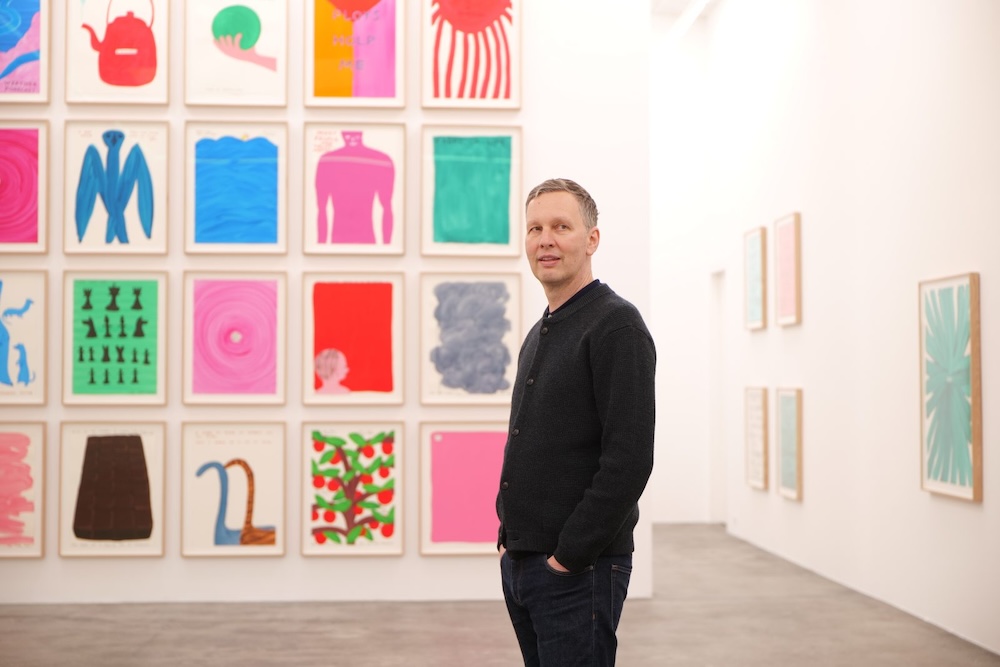 David Shrigley photographed in his exhibition, February 2024 Photo: Andreas Johnsen