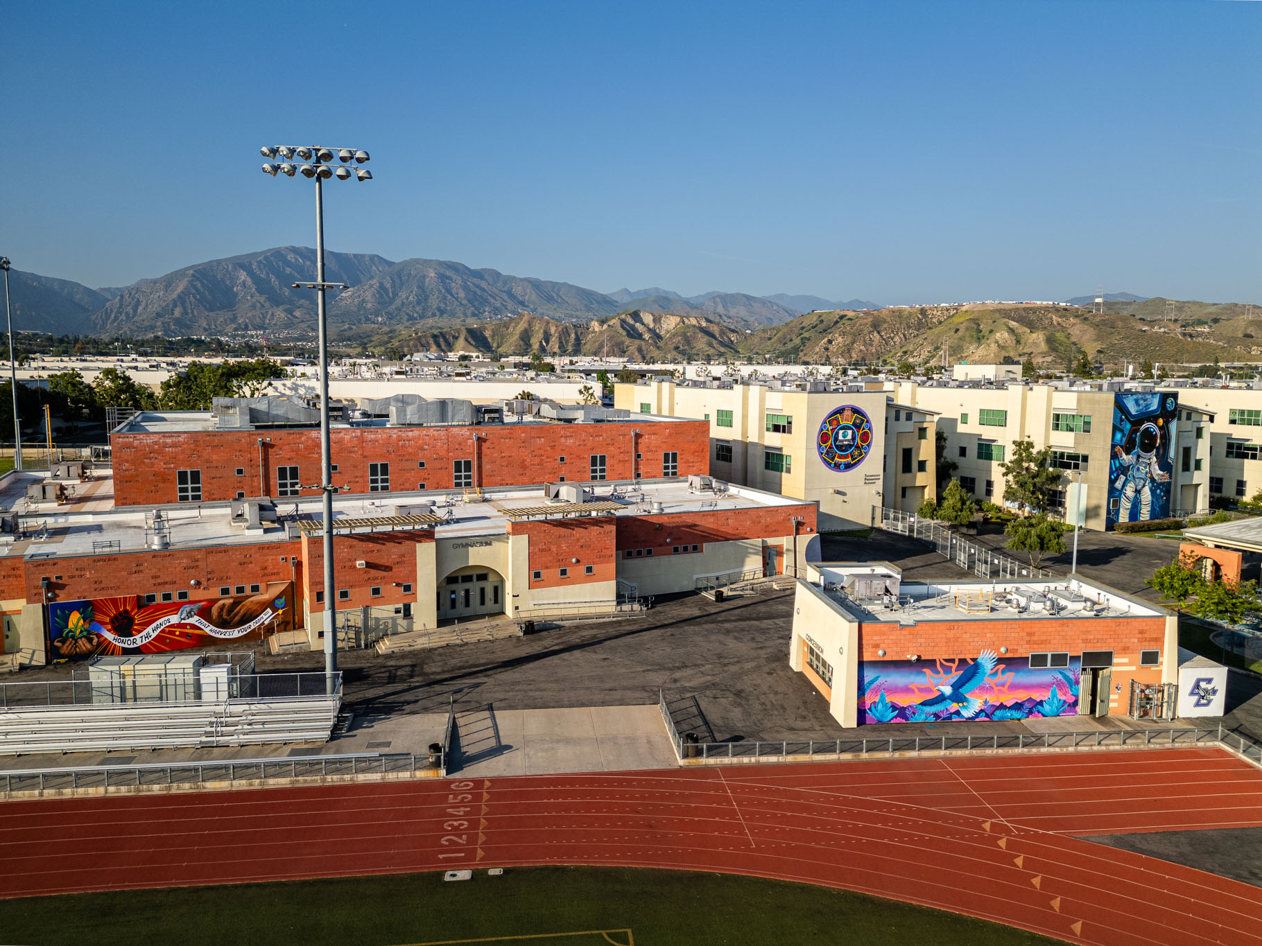 Four of fifteen murals at Cesar Chavez Learning Acadamy Los Angeles. Photo by Birdman