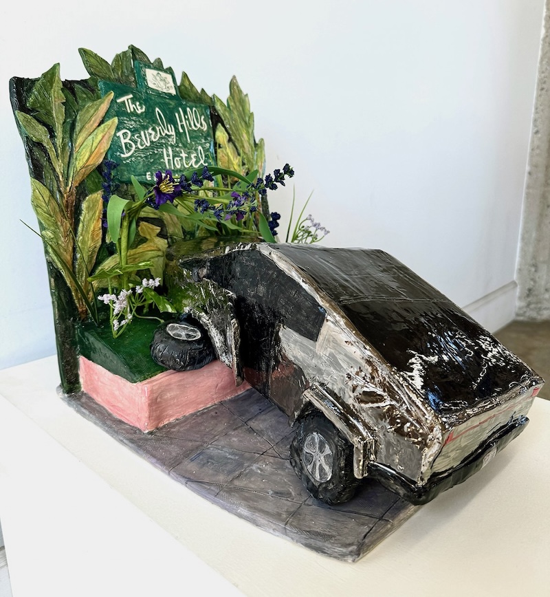 That time a Tesla cyber truck crashed into the Beverly Hills Hotel sign, Glazed ceramic stoneware, luster and faux flora, 2024