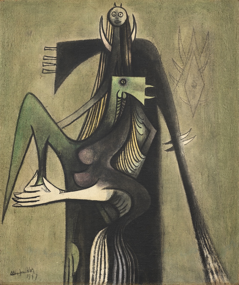 Wifredo Lam, Un coq pour Chango (A Rooster for Shango), formerly L’Oracle et l’oiseau vert (The Oracle and the Green Bird), 1947, oil on burlap. 42 x 35 in. The Fine Arts Collection, Jan Shrem and Maria Manetti Shrem Museum of Art, University of California, Davis. Fractional gift to the Jan Shrem and Maria Manetti Shrem Museum of Art and the San Francisco Museum of Modern Art from Jan Shrem and Maria Manetti Shrem. © Wifredo Lam Estate, Artists Rights Society (ARS), New York / ADAGP, Paris 2024. Photograph: Tenari Tuatagaloa.