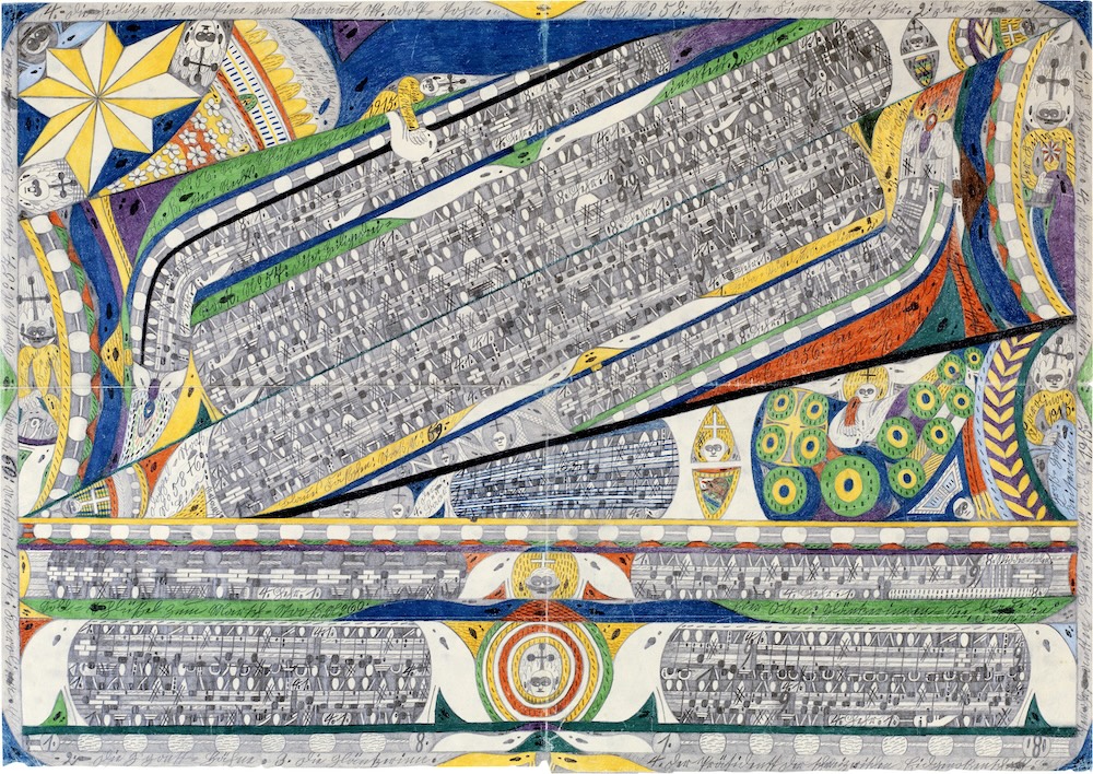 Adolf Wölfli, Genanttes Heimwesen, Probsten=Loch Blatt aus Heft N° 13, 1915. Graphite and color pencil on newsprint, 28 1/2 x 39 3/8 inches (72.4 x 100 cm)