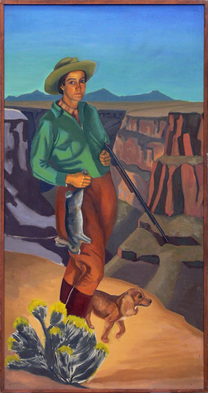 Helen Greene Blumenshein (American, 1909-1989) Huntress, A Self-Portrait, 1930 Oil on canvas 71 5/8 in. x 36 3/4 in. New Mexico Museum of Art, Santa Fe, NM, Gift of Shirley Greene Davis, 1992 (1992.54.8). Photography by Addison Doty.