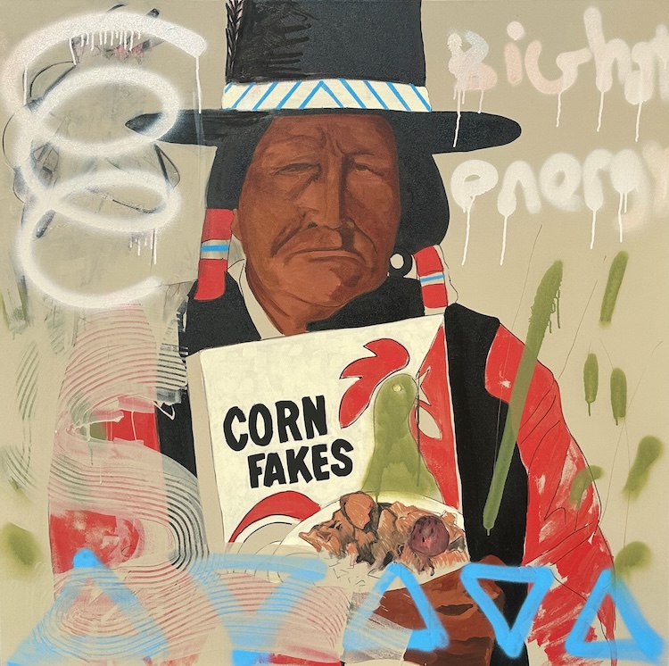 Frank Buffalo Hyde, Onondaga/Niimíipuu (Nez Perce) Big Hat Energy, 2023 Acrylic on canvas 48 in. x 48 in. Crystal Bridges Museum of American Art, Bentonville, Arkansas, 2024.56. Photo courtesy of the artist.