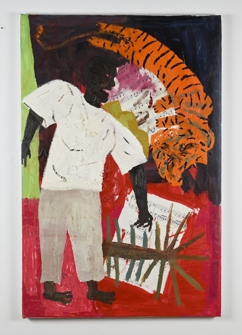 Untitled (with Tiger) (2024) mixed media and collage on canvas. 36”x 24”