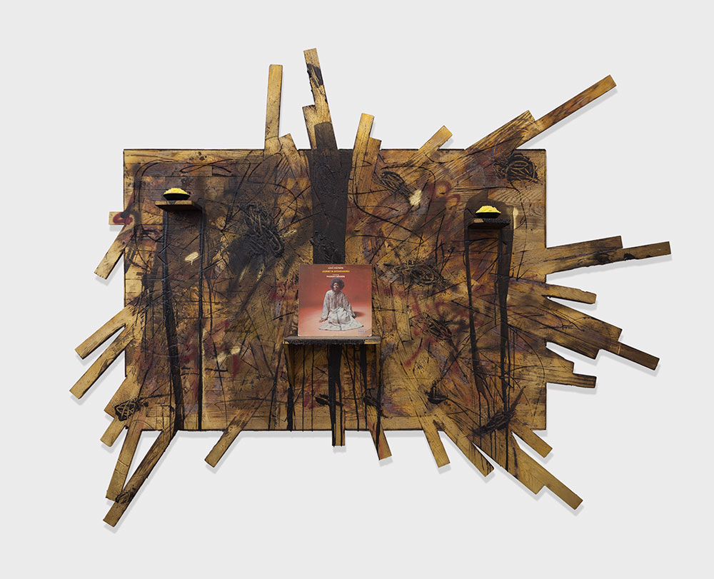 Rashid Johnson, Gotta Match, 2014. Burned red oak flooring, black soap, wax, spray enamel, vinyl, shea butter. 83 1/8 × 103 1/2 × 10 1/4 in. (211.1 × 262.9 × 26 cm). Collection of Hedy Fischer and Randy Shull. Courtesy of David Kordansky Gallery, Los Angeles. Photo: Martin Parsekian