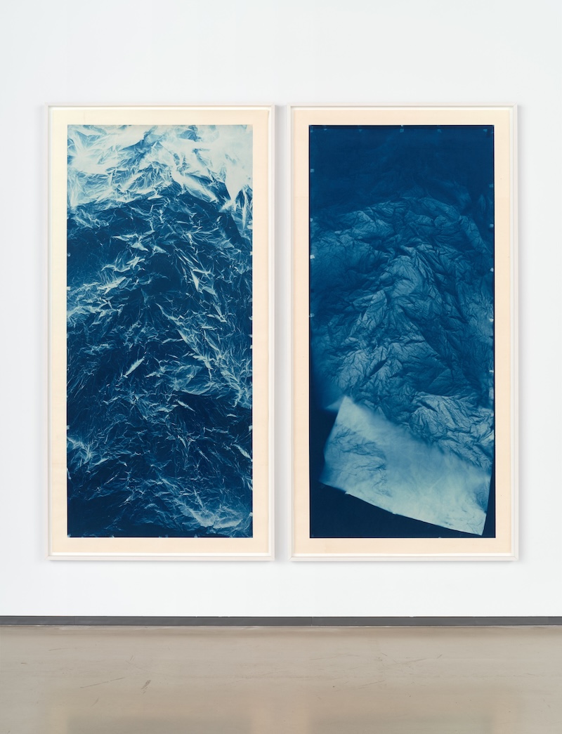 Wrinkled Texture Fading Origin 009, 2024 cyanotype photography, Xuan paper in two parts each panel: 89 3/4 x 43 3/4 inches (228 x 111.1 cm) framed: 92 5/16 x 46 1/2 x 2 1/2 inches (234.5 x 118.1 x 6.3 cm) each overall: 92 5/16 x 95 x 2 1/2 inches (234.5 x 241.3 x 6.3 cm) the work is accompanied by a signed certificate of authenticity // © Wu Chi-Tsung Studio. Courtesy: the Wu Chi-Tsung Studio and Sean Kelly, New York/Los Angeles