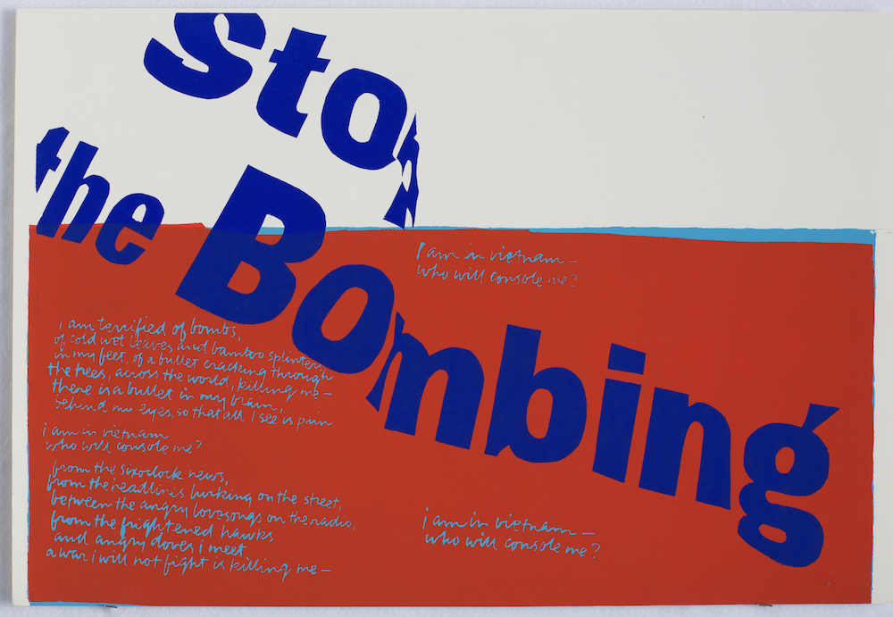 stop the bombing, 1967, serigraph, 18 x 23 in., image courtesy of Corita Art Center, Los Angeles, corita.org 