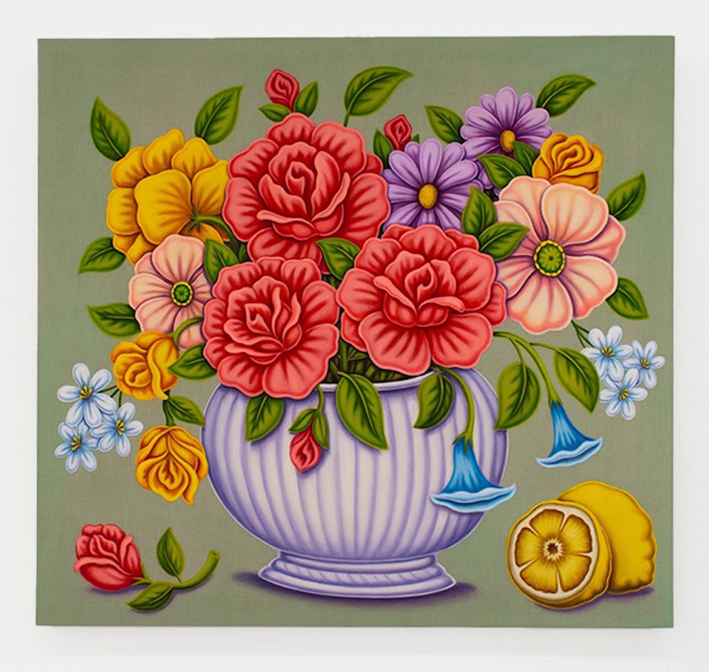 Pedro Pedro, Flowers in Vase with Lemon, 2022, acrylic, textile paint on linen, 36 x 39 inches, 91 x 99 cm. 