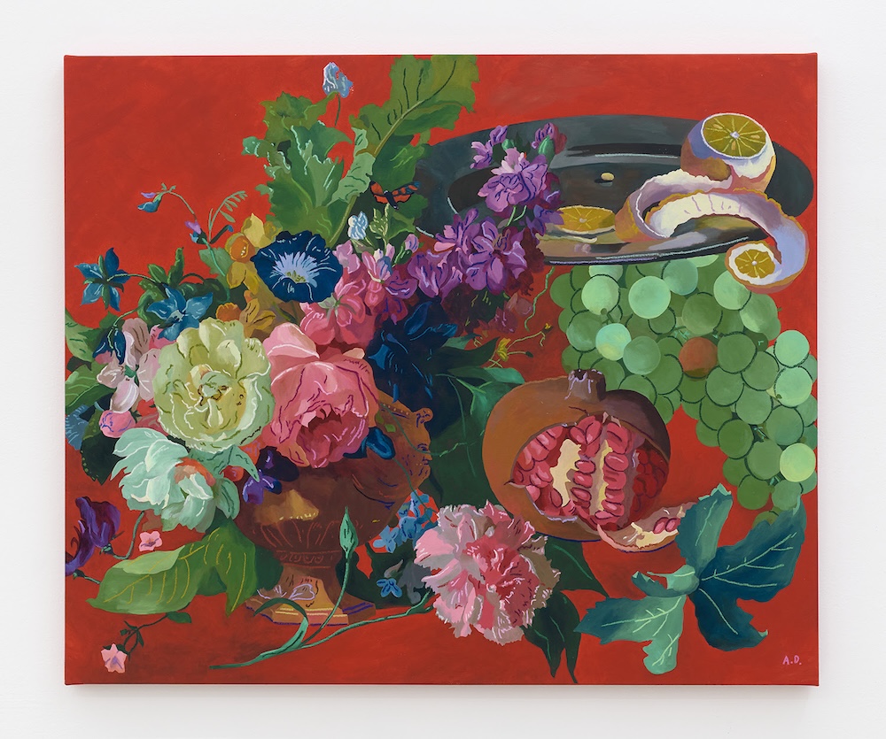 Andy Dixon, Red Composition with Pomegranate, 2025, acrylic on canvas, 46 x 55 inches. 117 x 140 cm. 