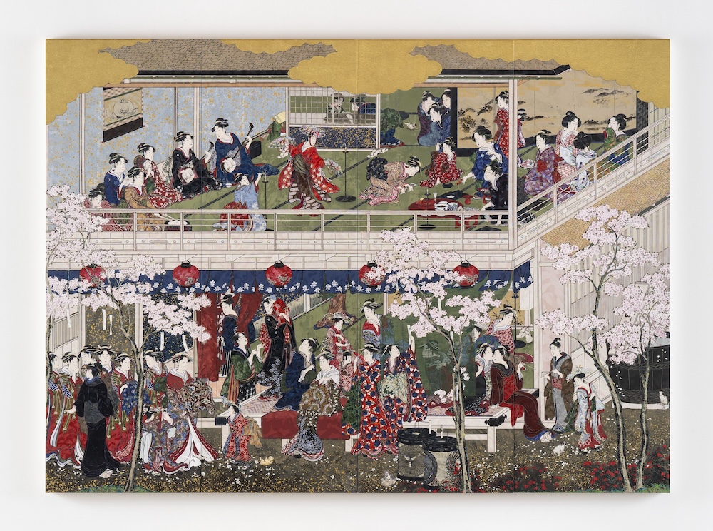 Kitagawa Utamaro’s “Flowers of Yoshiwara” Dogs and Cats Intoxicated by Cherry Blossoms - SUPERFLAT, 2025 - 2026 Acrylic, gold leaf and platinum leaf on canvas mounted on aluminum frame 235 × 324 cm 