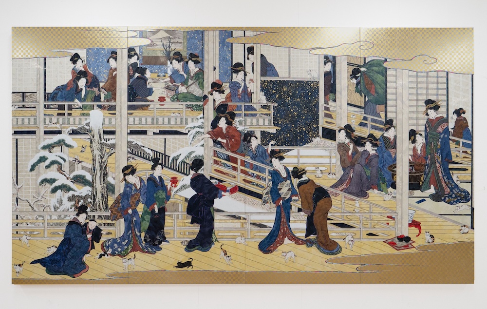 Kitagawa Utamaro’s “Snow in Fukagawa” Samurais and Many Cats in Edo during the Little Ice Age - SUPERFLAT, 2025 - 2026 Acrylic, gold leaf and platinum leaf on canvas mounted on aluminum frame 220 × 400.8 cm 
