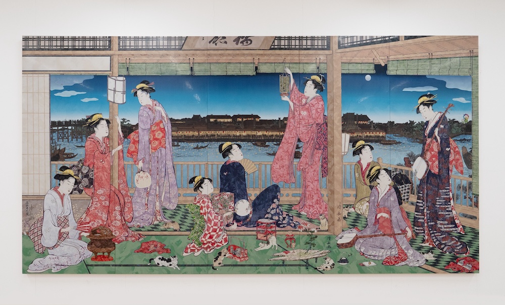 Torii Kiyonaga’s “A Party Viewing the Moon across the Sumida River” UFO, Flower Parent and Child, and Many Cats - SUPERFLAT, 2025 - 2026 Acrylic, gold leaf and platinum leaf on canvas mounted on aluminum frame 235 × 461 cm 
