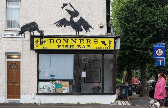 And on Day 5... Banksy Paints Two Pelicans on a Fish and Chip Shop